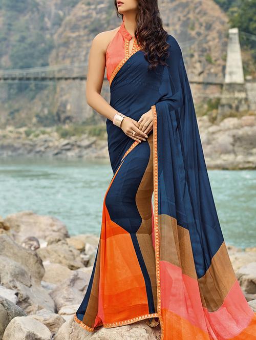 blue georgette printed saree with blouse - 13848279 - Very Small Image - 1