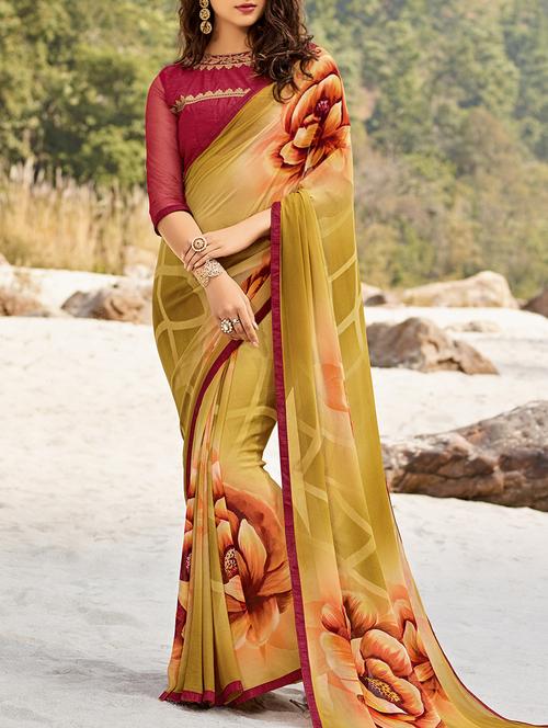 mehandi green georgette printed saree - 13848299 - Very Small Image - 1