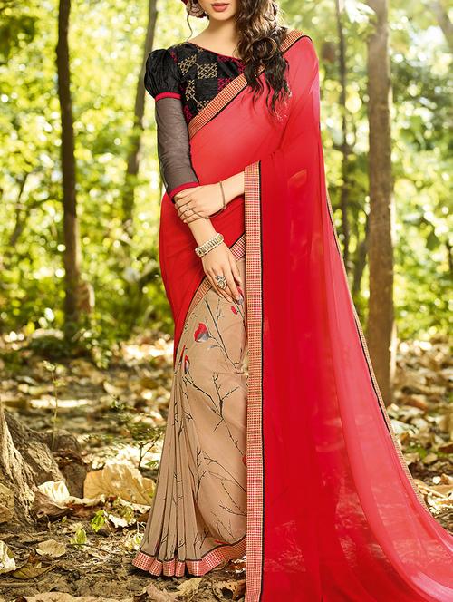 red & beige georgette printed half & half saree - 13848315 - Very Small Image - 1