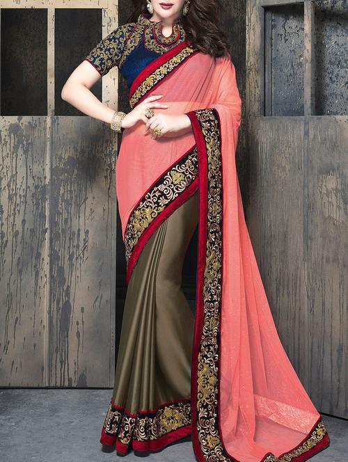 peach and brown half and half saree with blouse - 13848664 - Very Small Image - 1