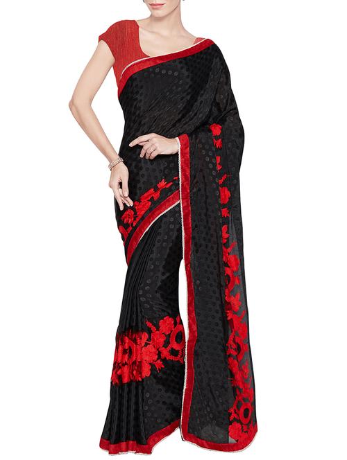 black embroidered crepe saree with blouse - 13848827 - Very Small Image - 1