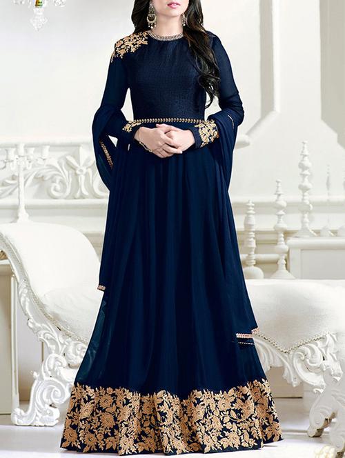 navy blue embroidered anarkali semi-stitched suit - 13849334 - Very Small Image - 1