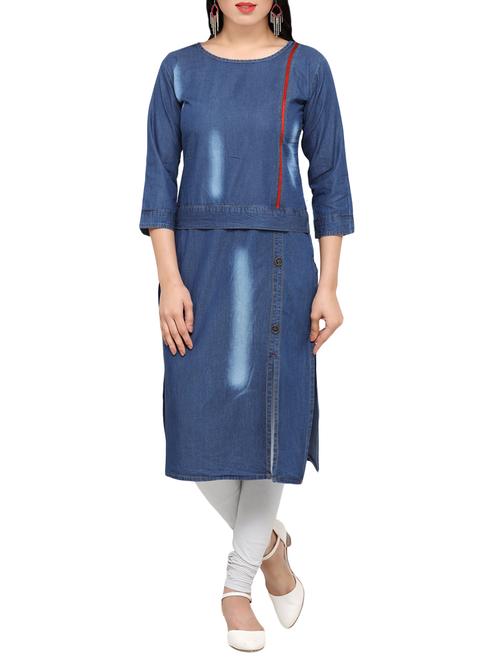 blue denim solid straight kurta - 13849645 - Very Small Image - 1