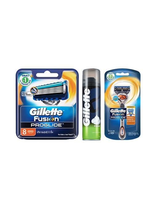 gillette fusion proglide - 8 cartridges pack and lemon lime foam (196 gm) with shaving razor - 13852393 - Very Small Image - 1