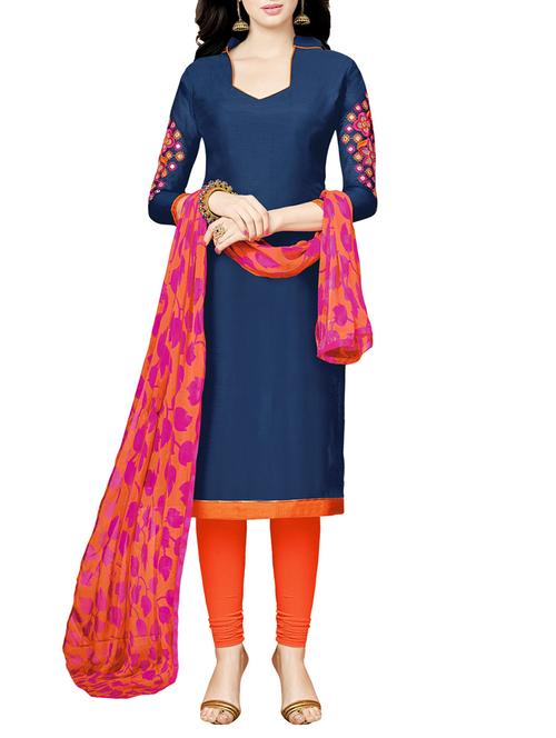 Navy Blue Chanderi Cotton Embroidered Churidaar Suit Dress Material - 13857383 - Very Small Image - 1