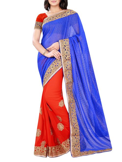 blue and red embroidered half and half  saree with blouse - 13860528 - Very Small Image - 1