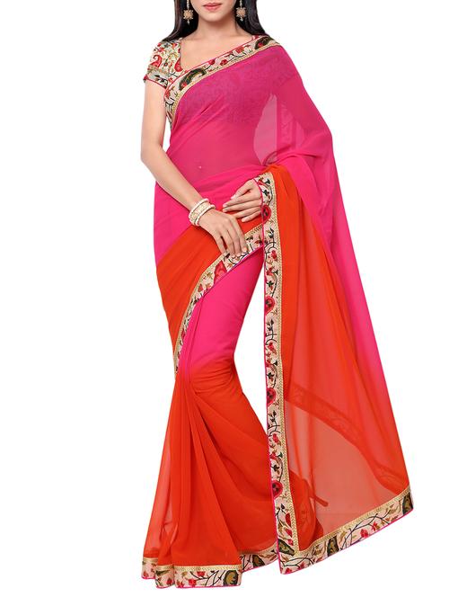pink and red ombre faux georgette saree with blouse - 13860548 - Very Small Image - 1