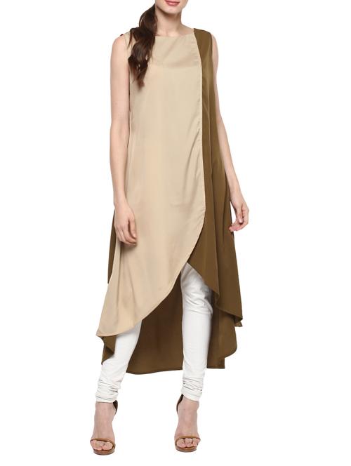 beige polycrepe asymmetric kurta - 13863194 - Very Small Image - 1