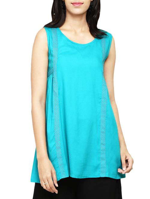 turquoise rayon solid straight kurti - 13865307 - Very Small Image - 1
