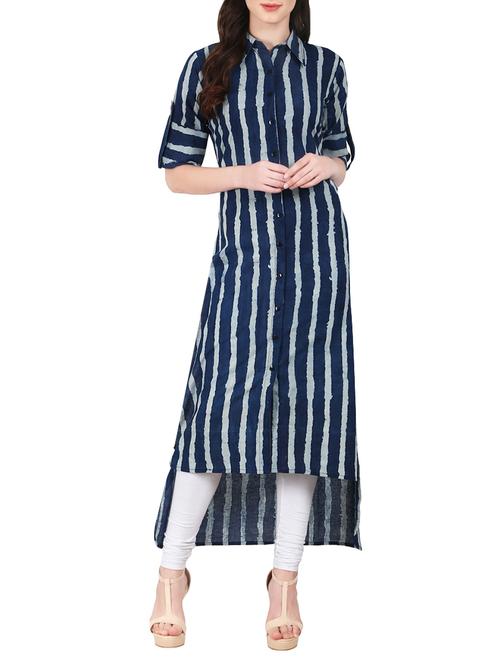 indigo high low stripes kurta - 13866791 - Very Small Image - 1