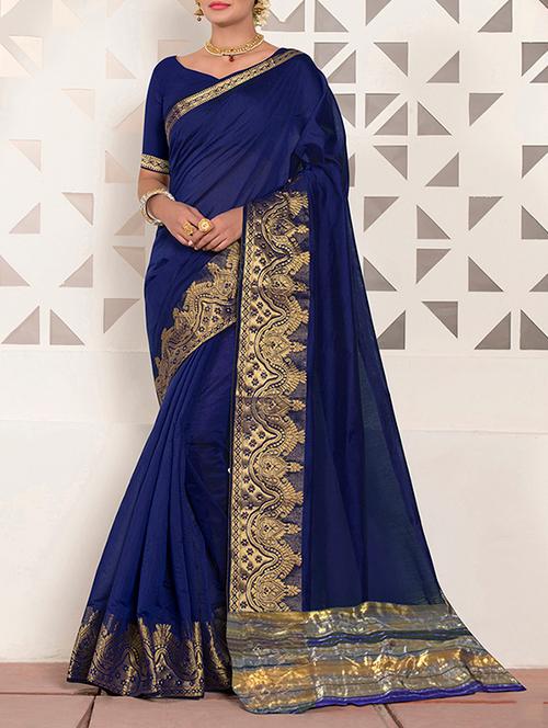 blue chanderi bordered saree with blouse - 13867257 - Very Small Image - 1