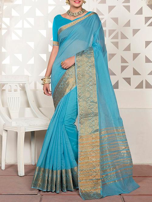 blue chanderi bordered saree with blouse - 13867264 - Very Small Image - 1