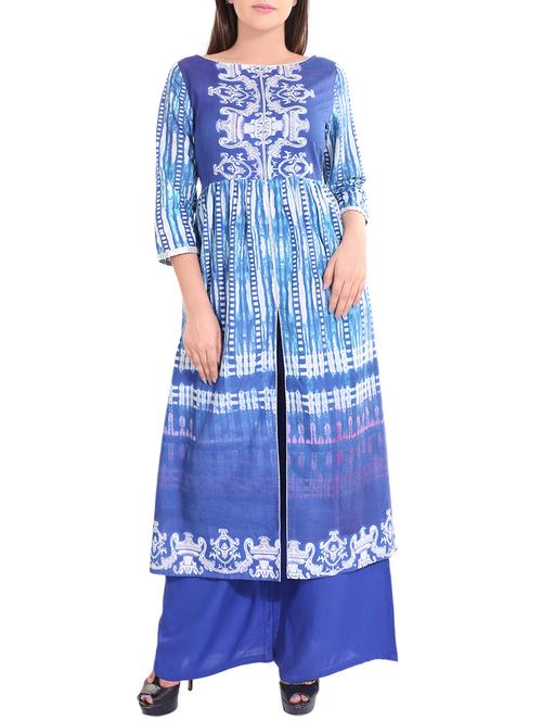 blue cotton printed high slit kurta - 13867429 - Very Small Image - 1