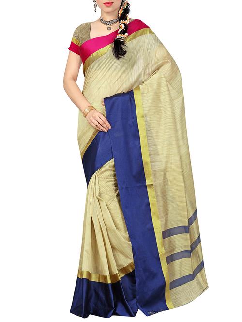 beige poly cotton bordered saree with blouse - 13871878 - Very Small Image - 1