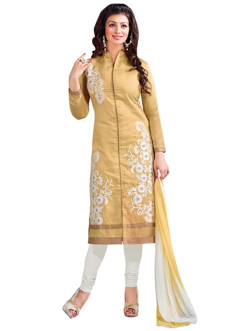 beige embroidered unstitched churidaar suit - 13877647 - Very Small Image - 1