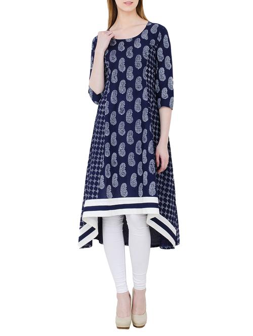 blue cotton printed high-low kurta - 13877742 - Very Small Image - 1