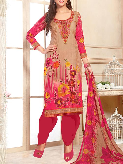 beige cotton printed salwar suit dress material - 13877822 - Very Small Image - 1