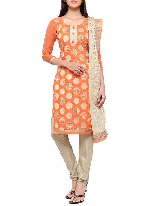 orange art silk printed churidaar suits dress material - 13879405 - Very Small Image - 1