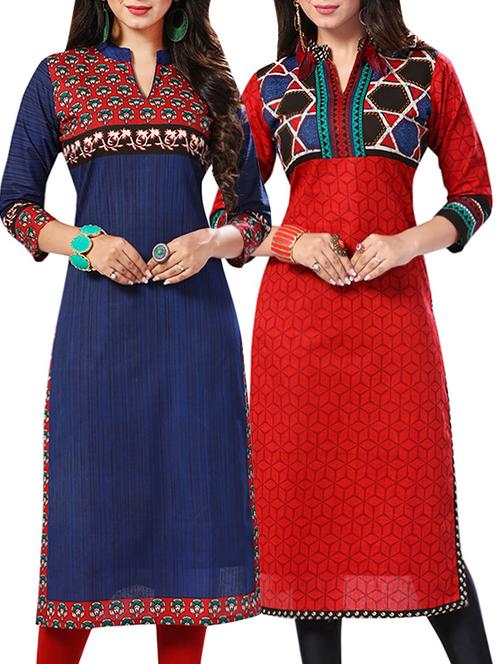 combo (set of 2 ) multi colored cotton unstitched kurta - 13881874 - Very Small Image - 1