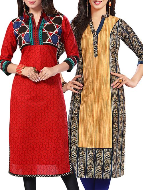 combo (set of 2 ) multi colored cotton unstitched kurta - 13881876 - Very Small Image - 1
