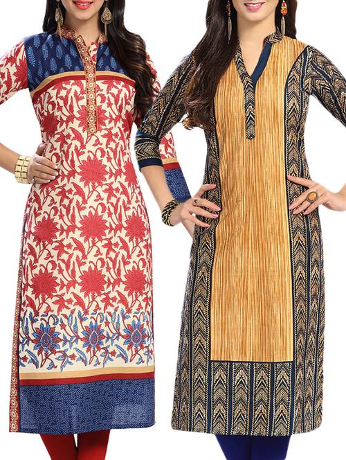 combo (set of 2 ) multi colored cotton unstitched kurta - 13881954 - Very Small Image - 1