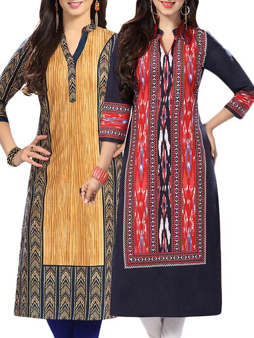 combo (set of 2 ) multi colored cotton unstitched kurta - 13882088 - Very Small Image - 1