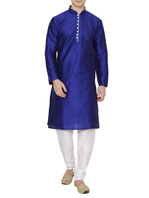 royal blue silk blend kurta pyjama set - 13882602 - Very Small Image - 1