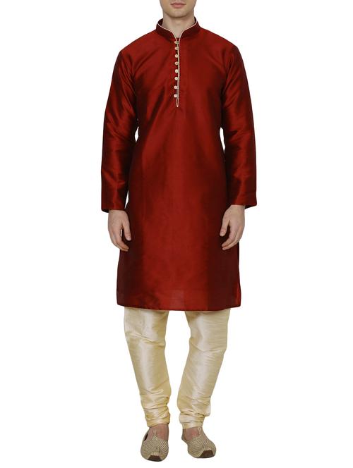 solid maroon silk blend kurta pyjama set - 13882603 - Very Small Image - 1