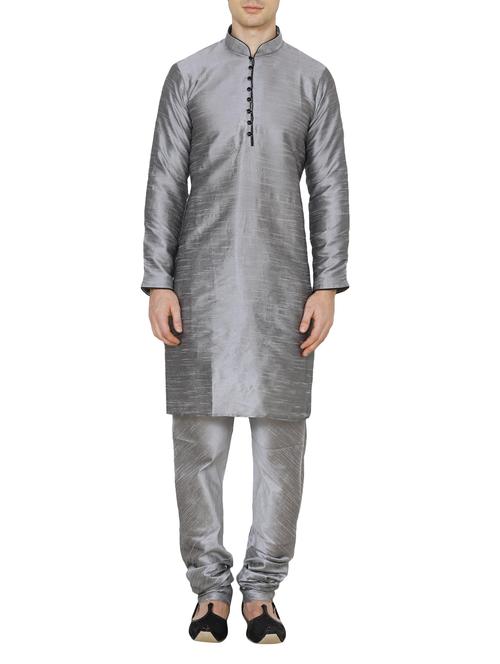 solid grey silk blend kurta pyjama set - 13882604 - Very Small Image - 1
