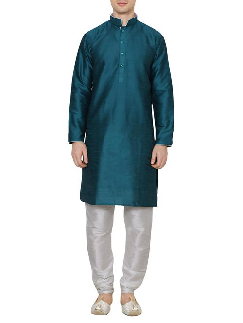 teal blue silk blend kurta pyjama set - 13882609 - Very Small Image - 1