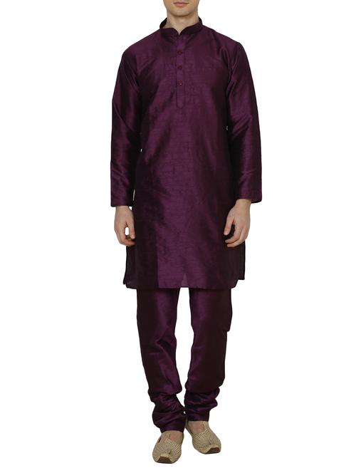 solid purple silk blend kurta pyjama set - 13882613 - Very Small Image - 1