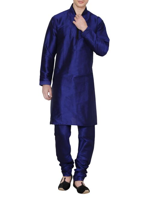 solid royal blue silk blend kurta pyjama set - 13882620 - Very Small Image - 1