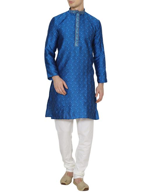 blue silk blend kurta pyjama set - 13882626 - Very Small Image - 1
