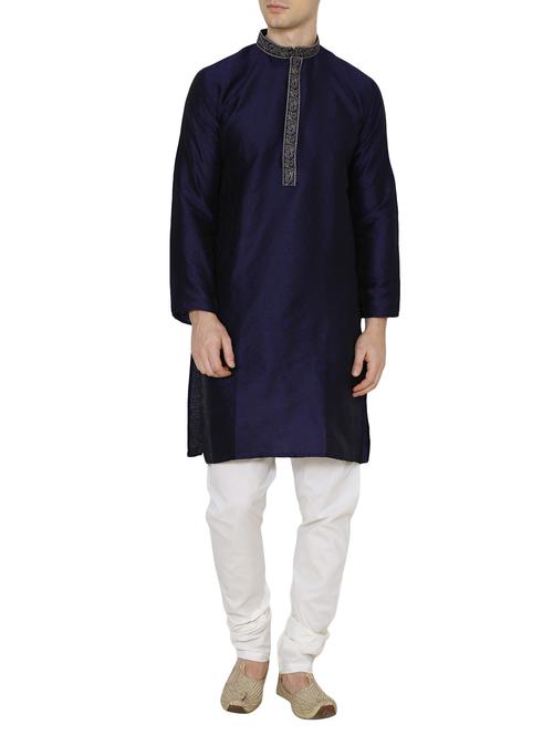 navy blue silk blend kurta pyjama set - 13882627 - Very Small Image - 1
