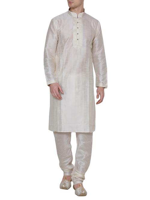 solid cream silk blend kurta pyjama set - 13882634 - Very Small Image - 1