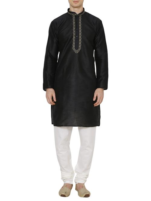 solid black silk blend kurta pyjama set - 13882640 - Very Small Image - 1