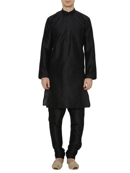 solid black silk blend kurta pyjama set - 13882641 - Very Small Image - 1