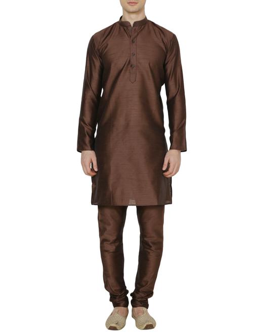 solid brown silk blend kurta pyajama set - 13882649 - Very Small Image - 1