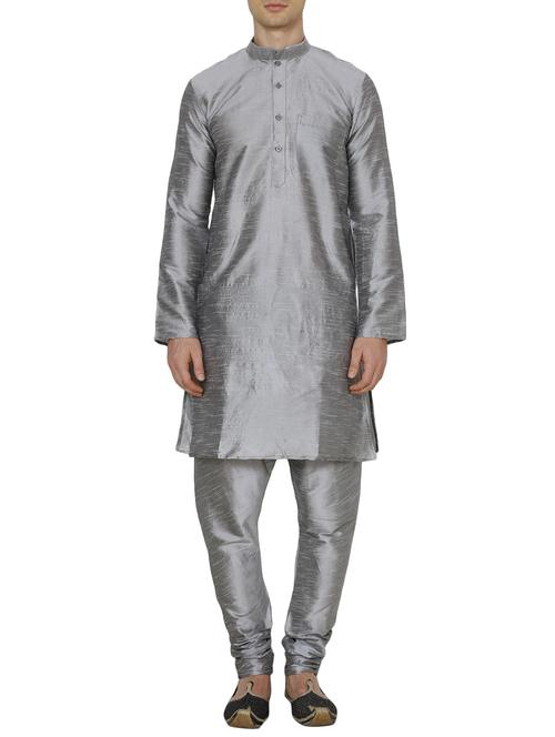 solid grey silk blend kurta pyjama set - 13882650 - Very Small Image - 1