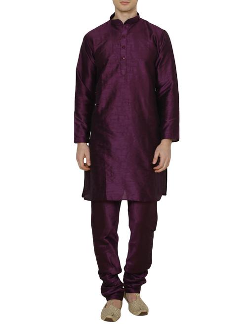 solid purple silk blend kurta pyjama set - 13882652 - Very Small Image - 1
