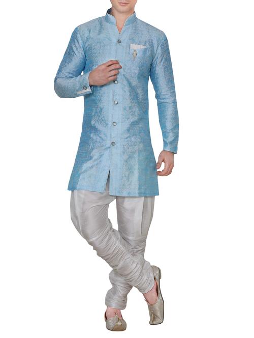 sky blue silk blend jacquard kurta pyjama set - 13882656 - Very Small Image - 1