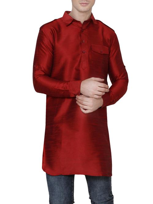 solid red silk blend kurta - 13882658 - Very Small Image - 1