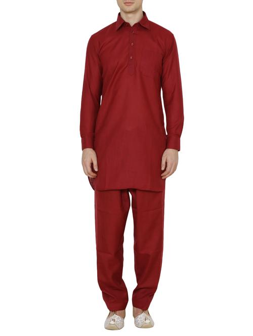 solid maroon cotton kurta pyjama set - 13882667 - Very Small Image - 1