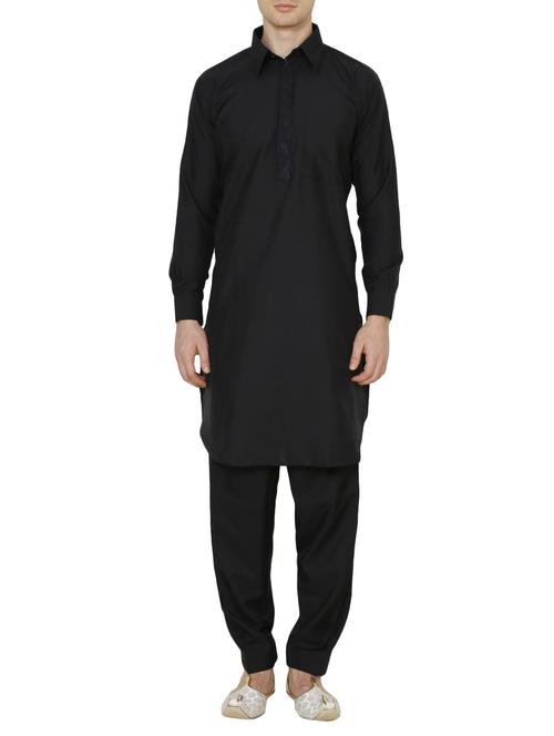 solid black cotton kurta pyjama set - 13882670 - Very Small Image - 1