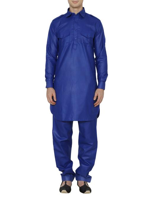 solid dark blue nylon kurta pyjama set - 13882678 - Very Small Image - 1