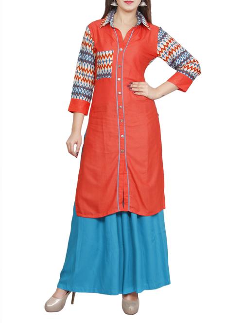 orange rayon printed straight kurta - 13884072 - Very Small Image - 1