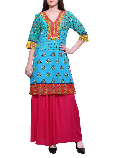blue cotton printed straight kurta - 13884097 - Very Small Image - 1