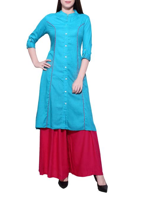 turquoise blue rayon solid straight kurta - 13884111 - Very Small Image - 1