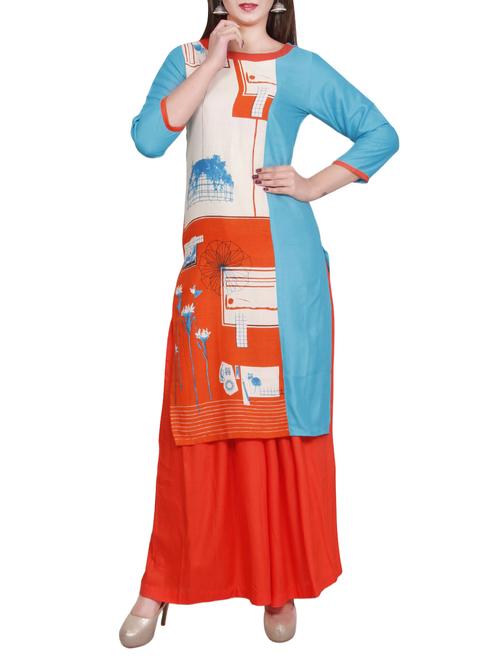 blue rayon printed straight kurta - 13884113 - Very Small Image - 1