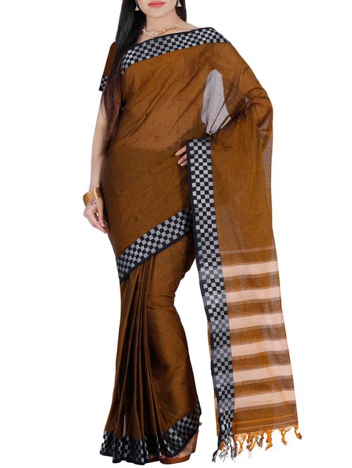 brown cotton bordered saree with blouse - 13885718 - Very Small Image - 1